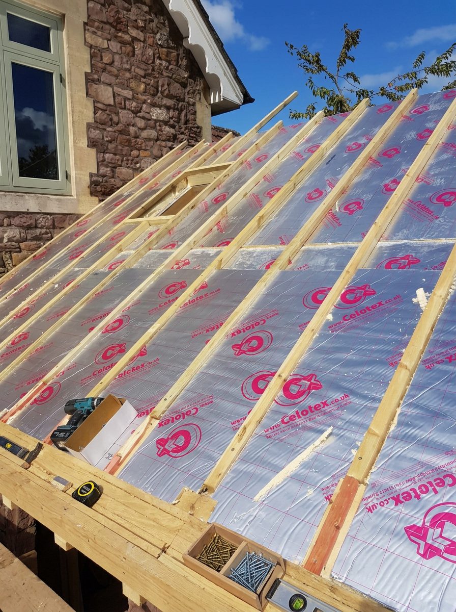 Insulation boards fitted between rafters during a re-roof in Bath